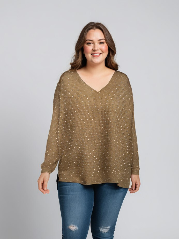 Grossiste Pomme Rouge Paris - Pull camel avec pois en relief (T82830)