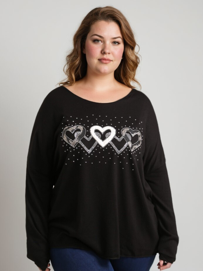 Grossiste Pomme Rouge Paris - Pull noir motif cœurs (T82831)