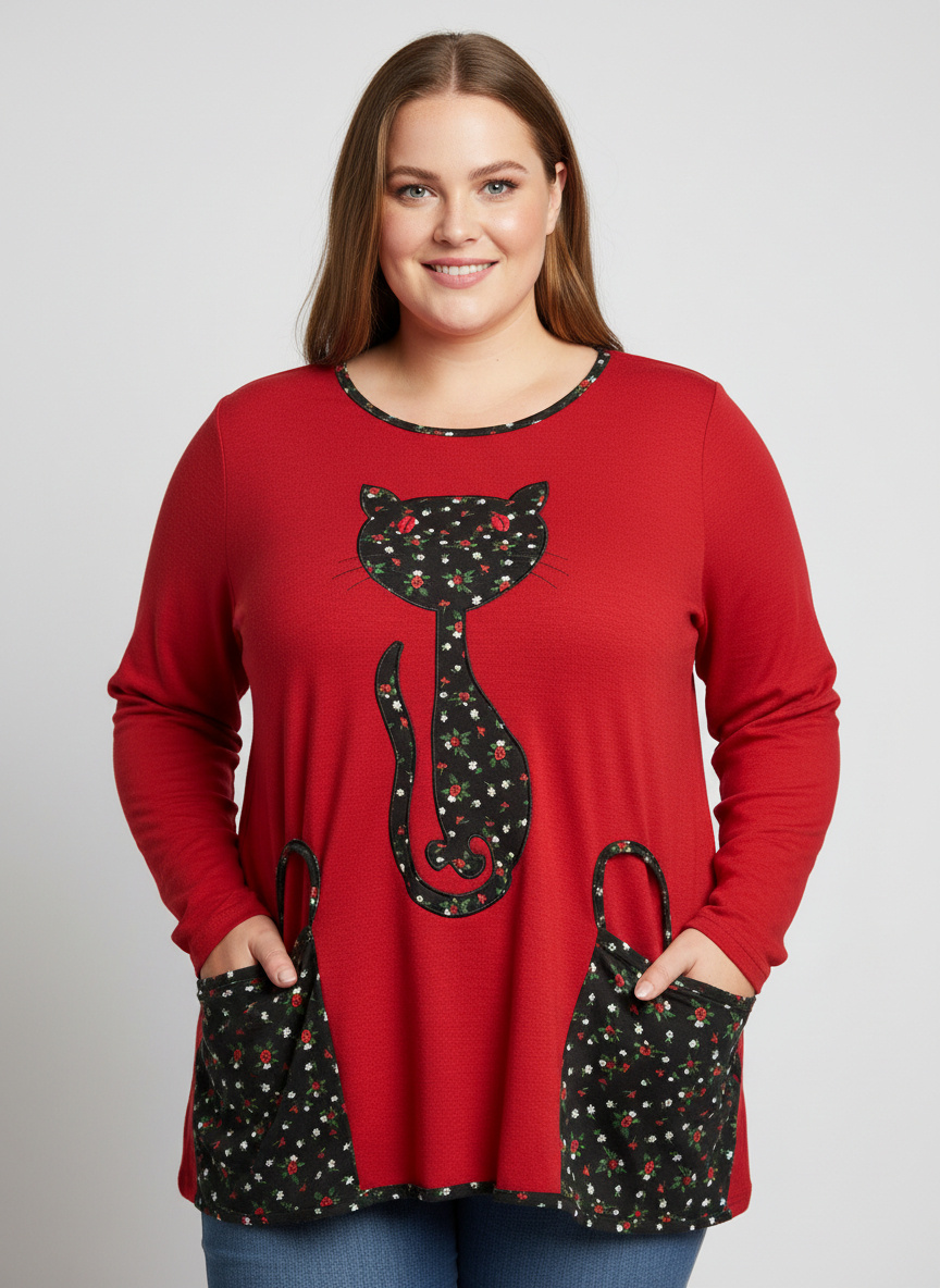 Grossiste Pomme Rouge Paris - Pull rouge motif chat (A631)