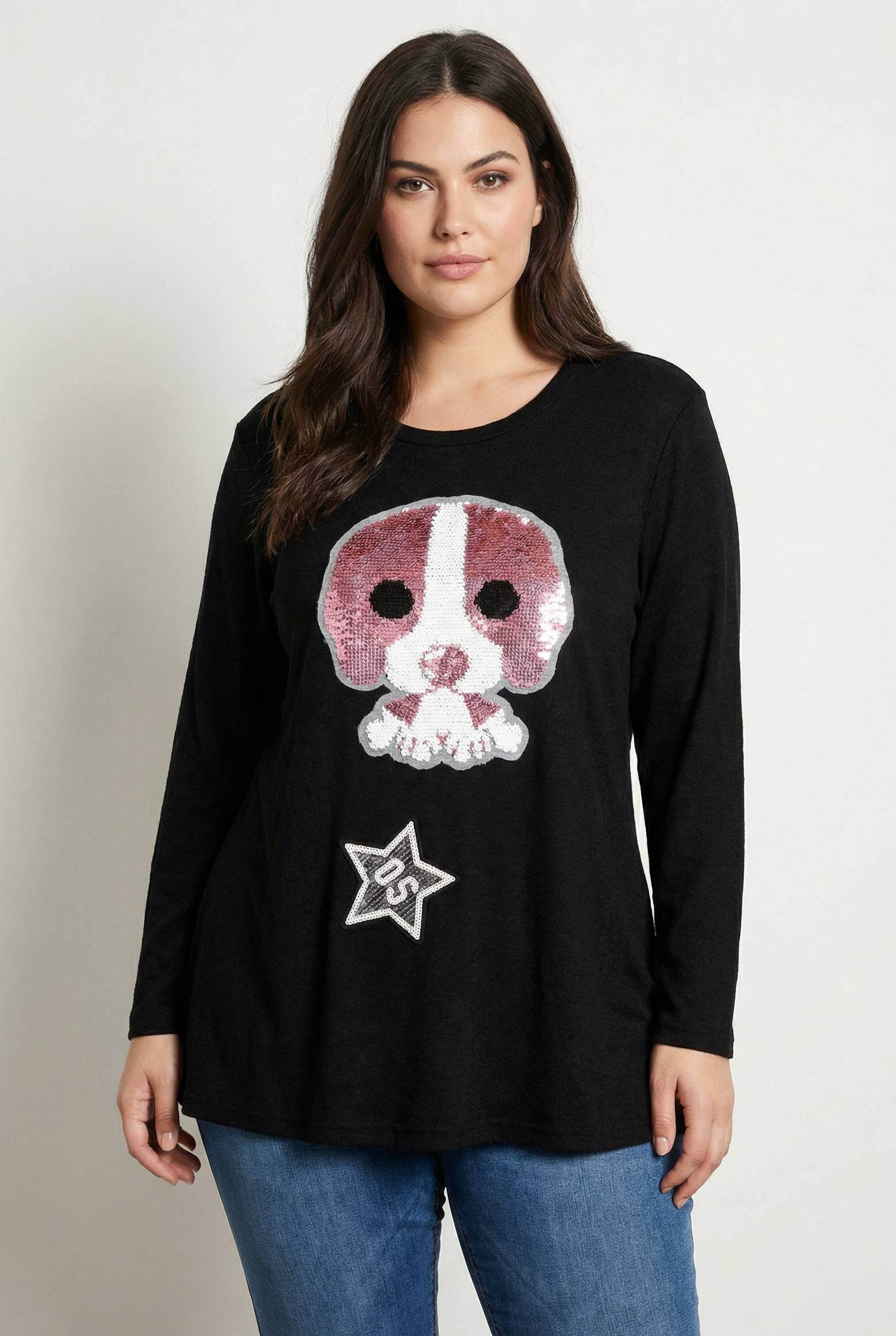 Wholesaler Pomme Rouge Paris - Plus-size black sweater with sequin pattern
