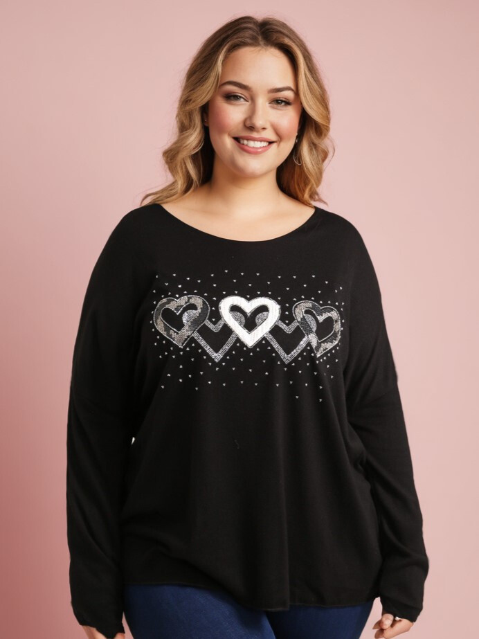 Grossiste Pomme Rouge Paris - Pull noir motif cœurs (T82831)