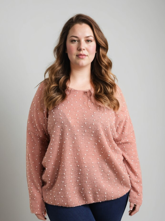 Grossiste Pomme Rouge Paris - Pull rose avec pois en relief (T82830)