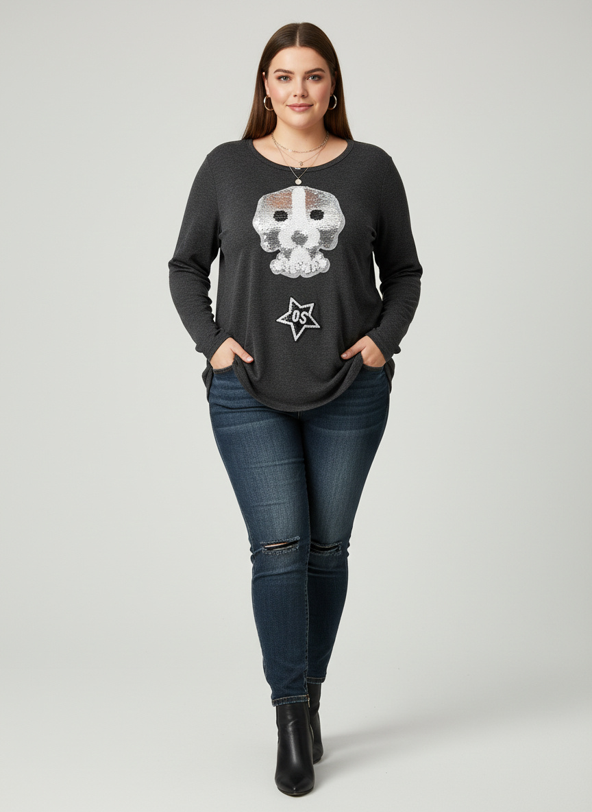 Wholesaler Pomme Rouge Paris - Plus size grey sweater with sequin design (A907)