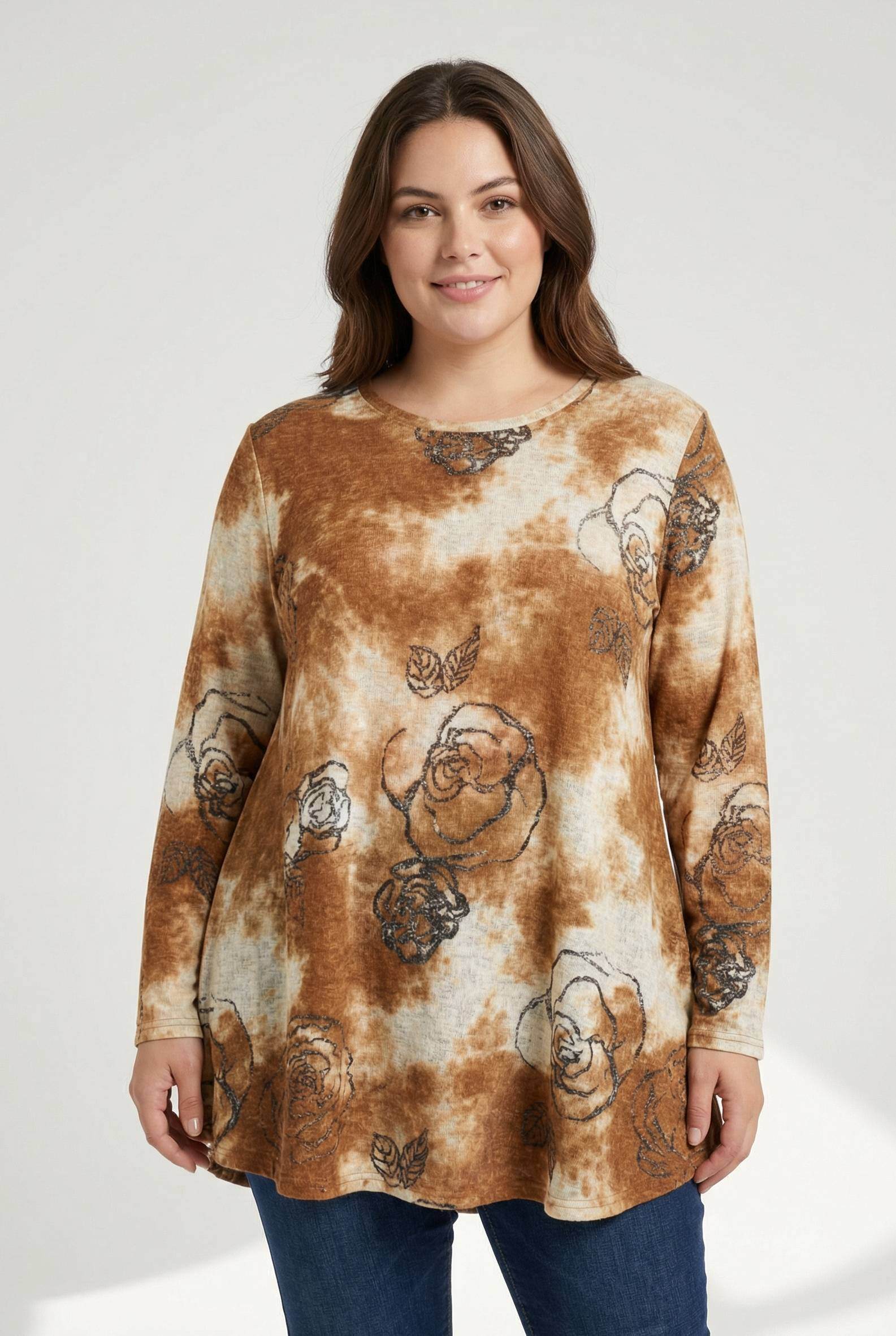 Grossiste Pomme Rouge Paris - Pull fin imprimé marron grande taille