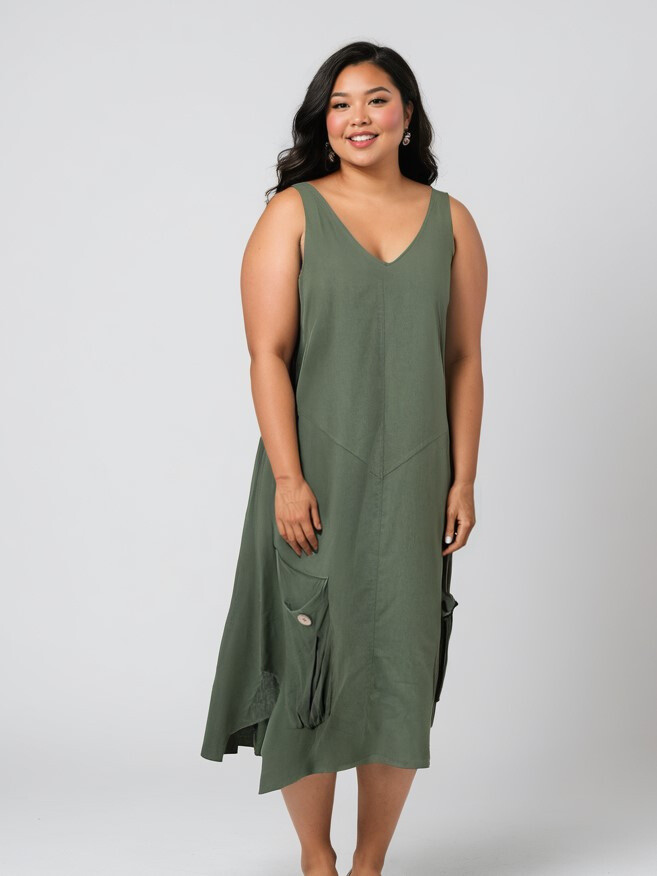 Grossiste Pomme Rouge Paris - Robe en lin coupe trapeze kaki (C8019)