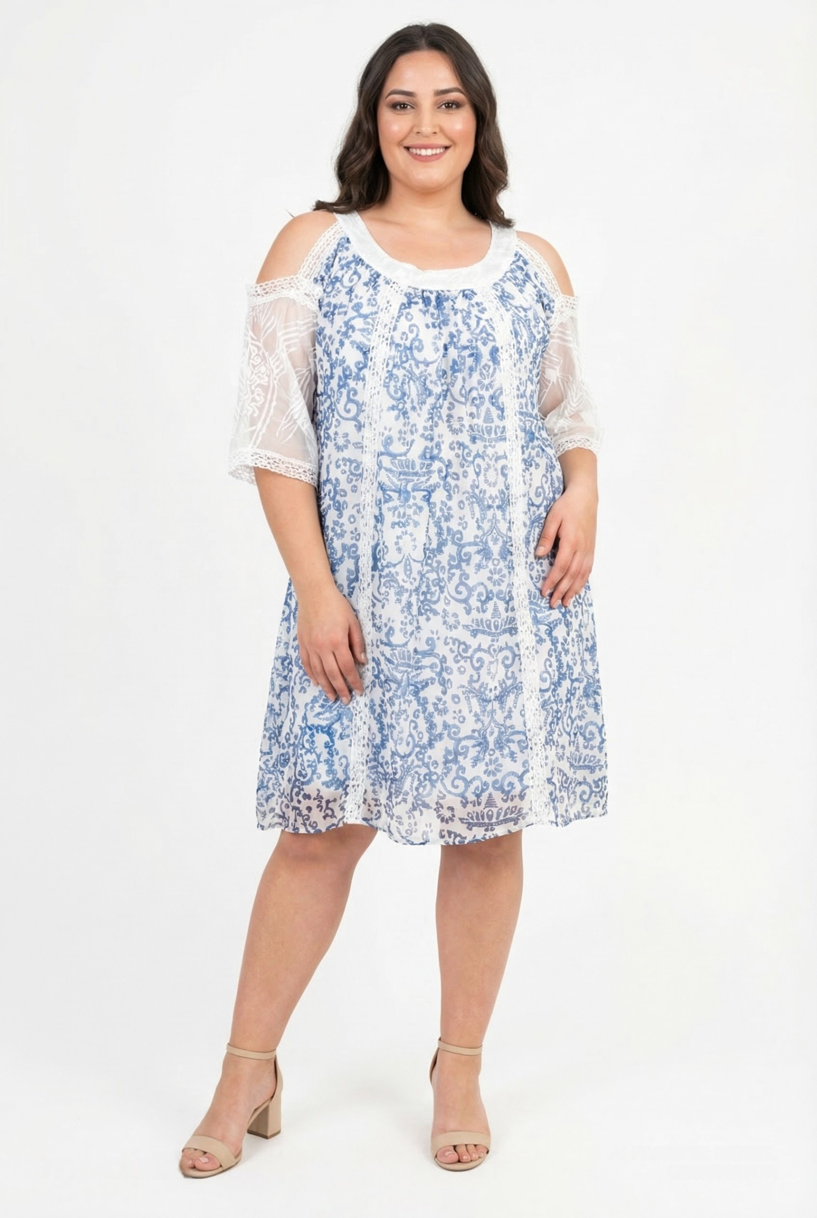 Grossiste Pomme Rouge Paris - Robe grande taille imprimé bleu (C6598)
