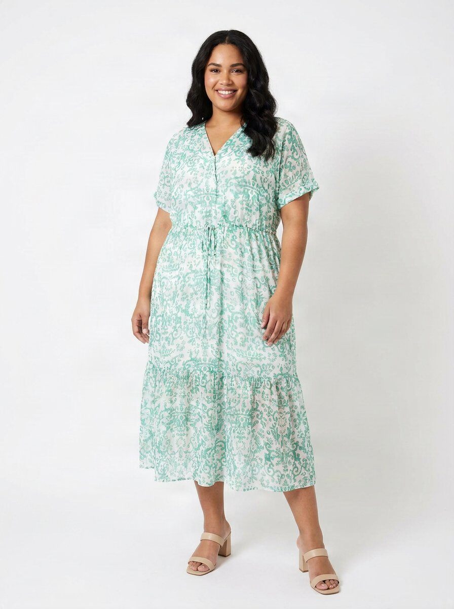 Grossiste Pomme Rouge Paris - Robe longue grande taille imprimé vert (C6570)