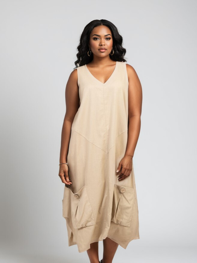 Grossiste Pomme Rouge Paris - Robe en lin coupe trapeze beige (C8019)