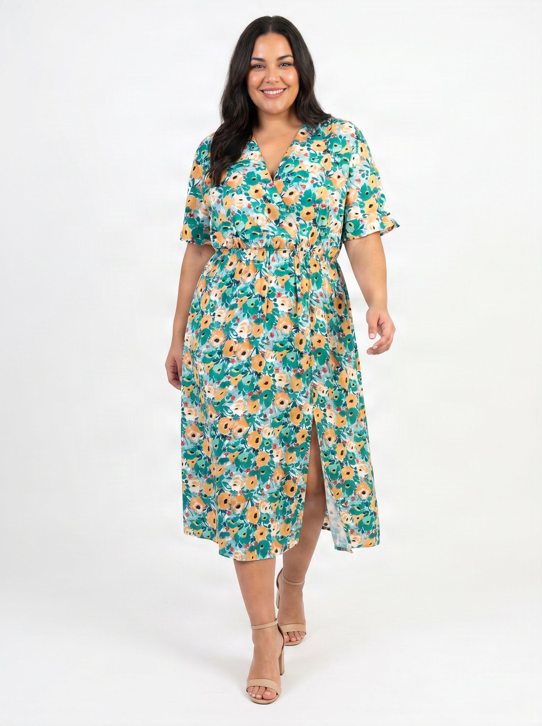 Grossiste Pomme Rouge Paris - Robe fendue grande taille imprimée vert (PC6555)