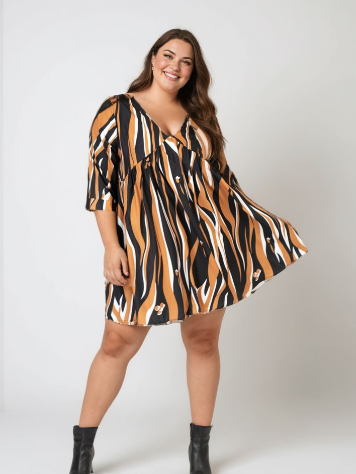 Grossiste Pomme Rouge Paris - Robe grande taille imprimée camel (C6609)