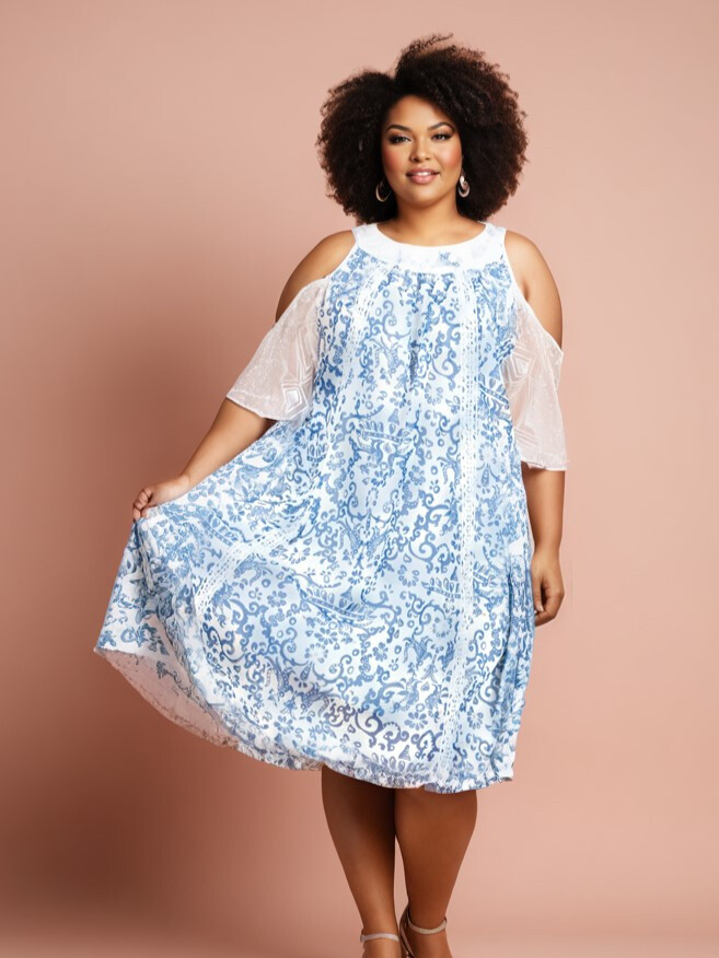 Grossiste Pomme Rouge Paris - Robe grande taille imprimé bleu (C6598)