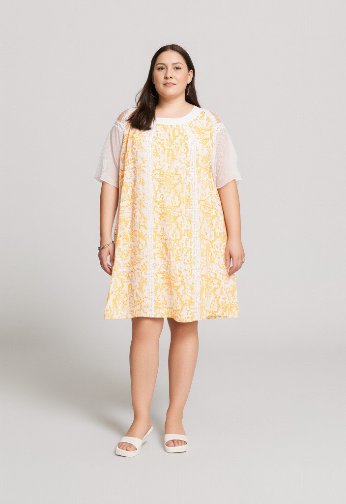 Grossiste Pomme Rouge Paris - Robe grande taille imprimé jaune (C6598)