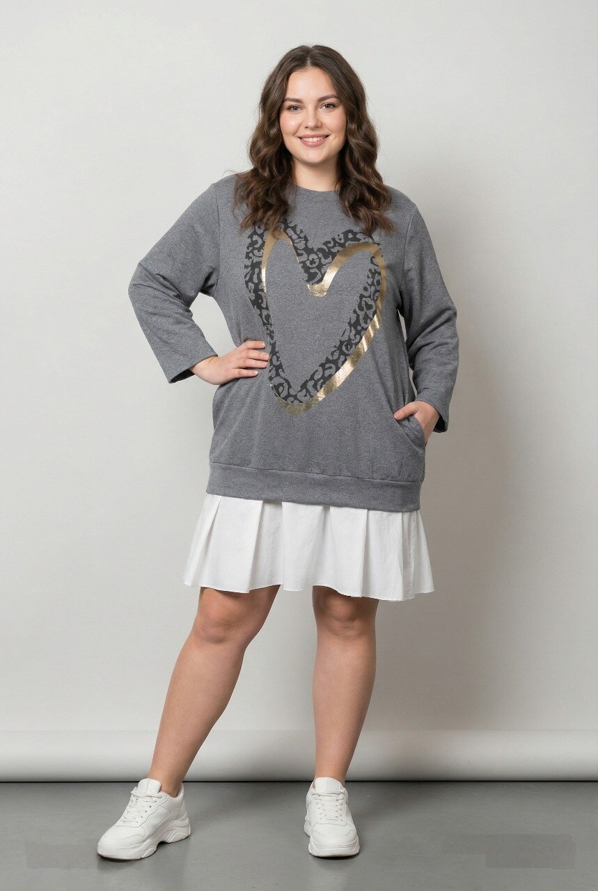 Grossiste Pomme Rouge Paris - Robe grande taille motif cœur gris (T221214)