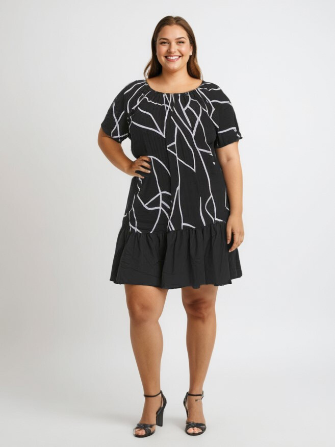 Grossiste Pomme Rouge Paris - Robe courte volantée imprimé noir (C6571)
