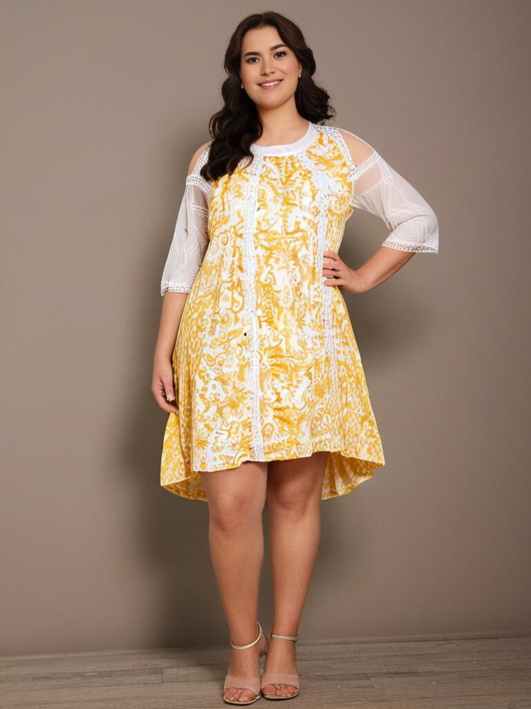 Grossiste Pomme Rouge Paris - Robe grande taille imprimé jaune (C6598)