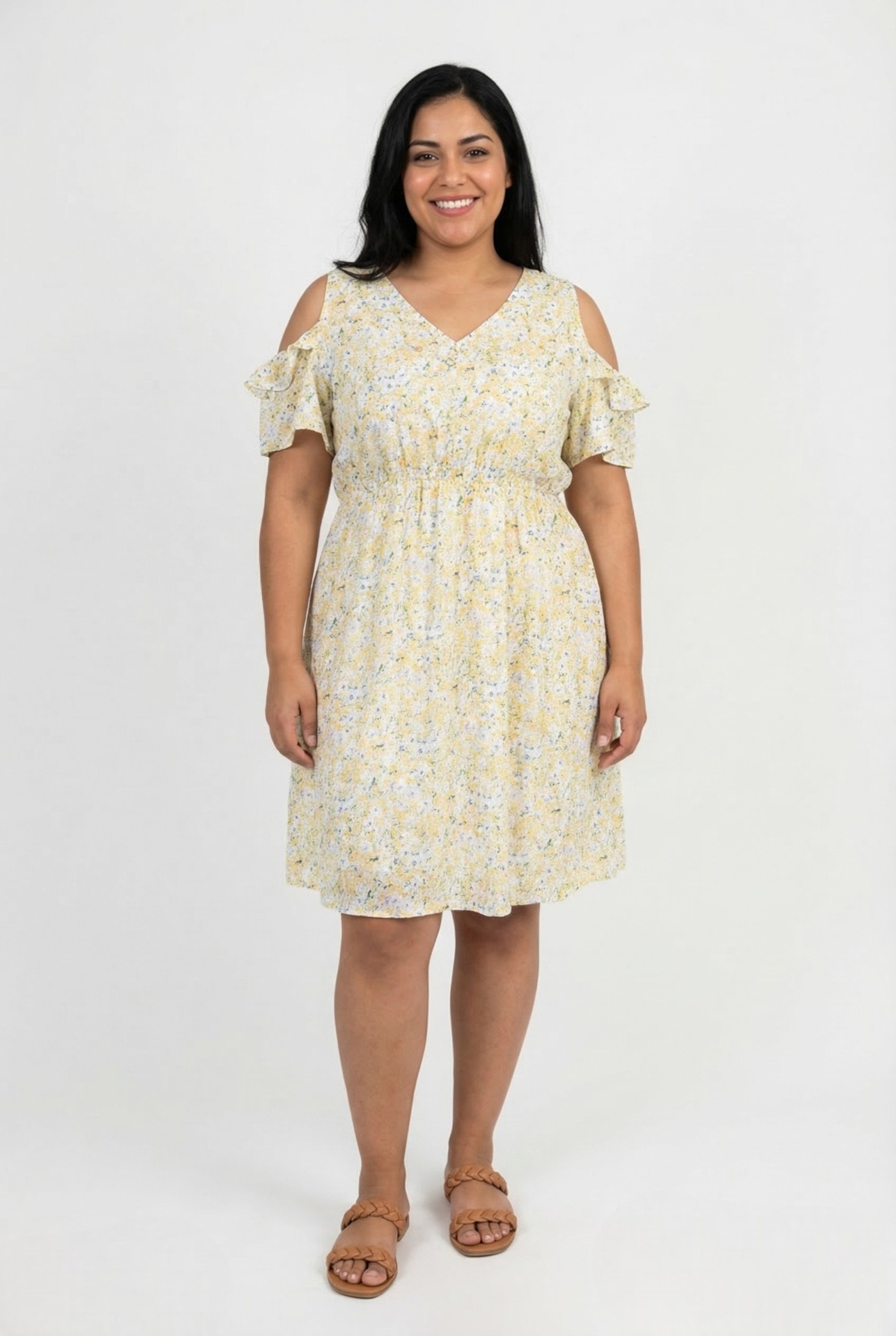 Grossiste Pomme Rouge Paris - Robe grande taille imprimé jaune (C6575)