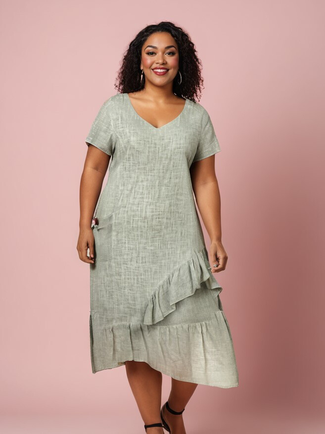Grossiste Pomme Rouge Paris - Robe grande taille base asymétrique kaki (C8017)