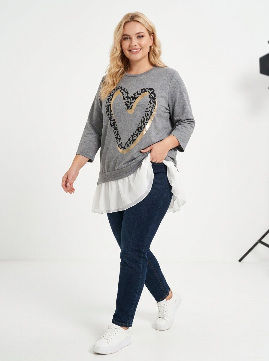 Grossiste Pomme Rouge Paris - Robe grande taille motif cœur gris (T221214)
