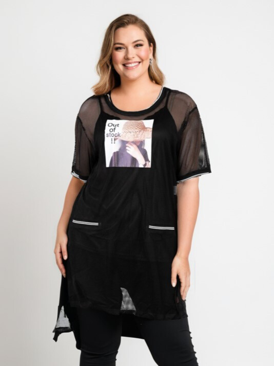Grossiste Pomme Rouge Paris - Robe deux en un avec motif noir (C6562)