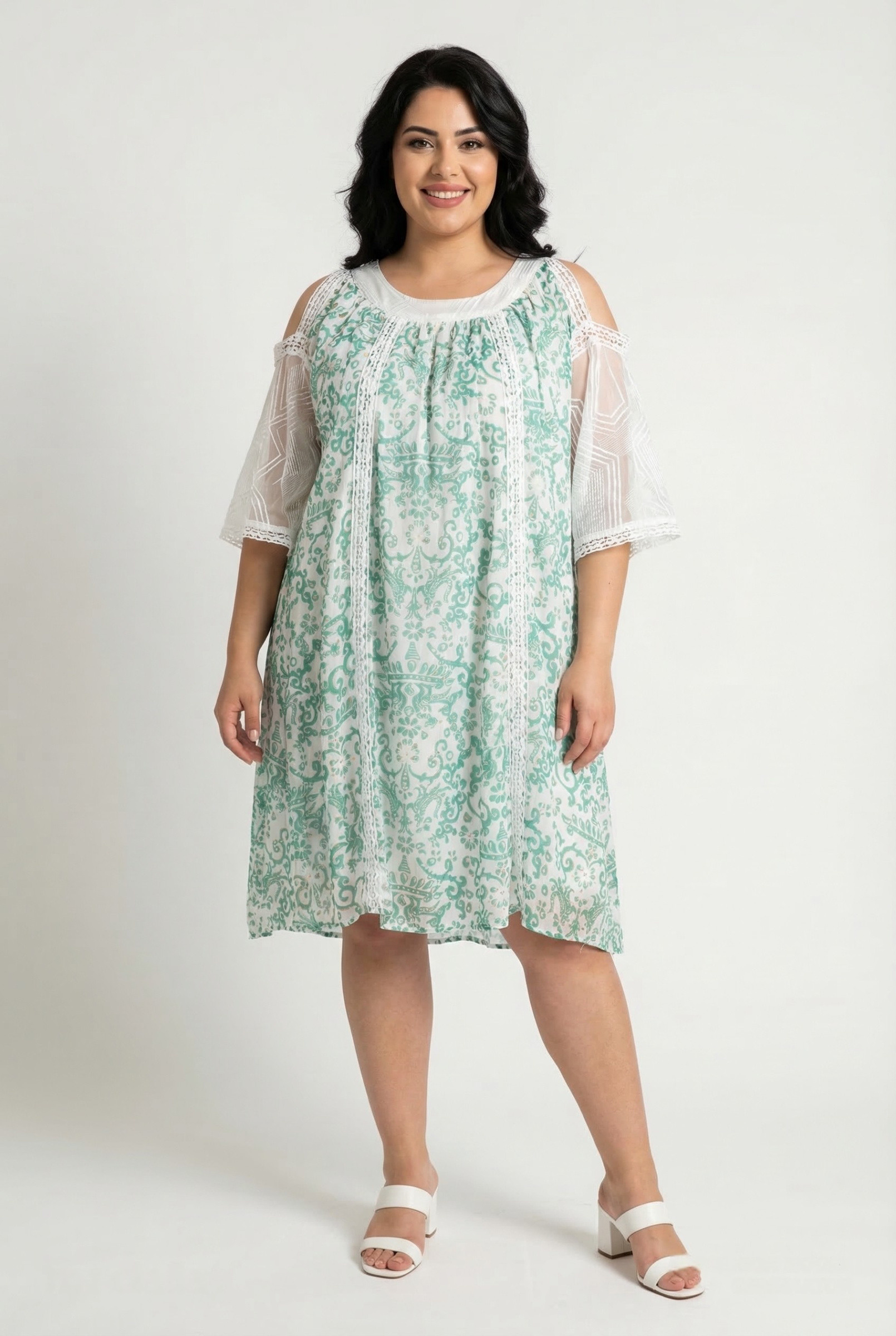 Grossiste Pomme Rouge Paris - Robe grande taille imprimé vert (C6598)