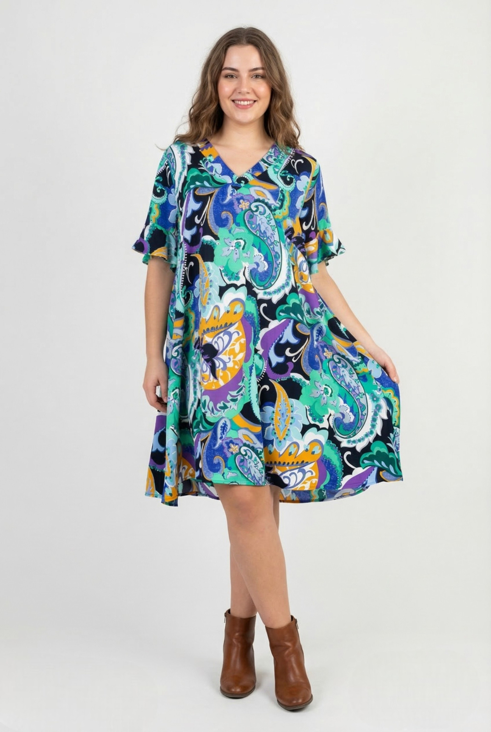 Grossiste Pomme Rouge Paris - Robe trapeze imprimé bleu (PC6539)