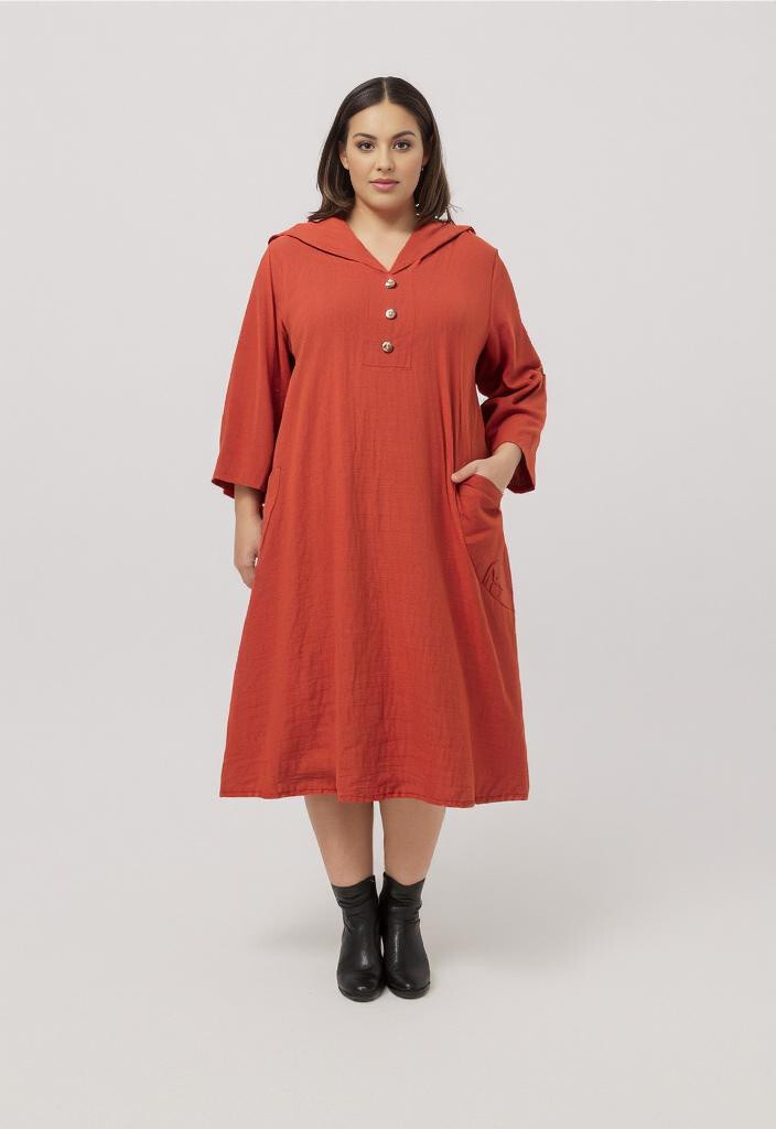 Grossiste Pomme Rouge Paris - Robe cotin/lin grande taille avec capuche (C8020)