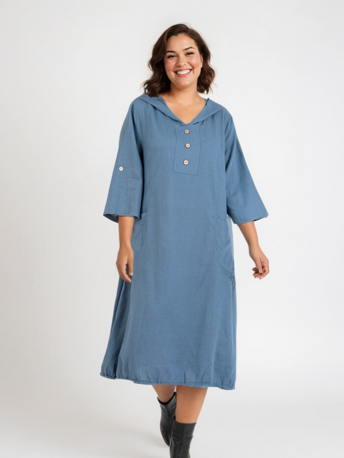 Grossiste Pomme Rouge Paris - Robe coton/lin grande taille avec capuche (C8020)