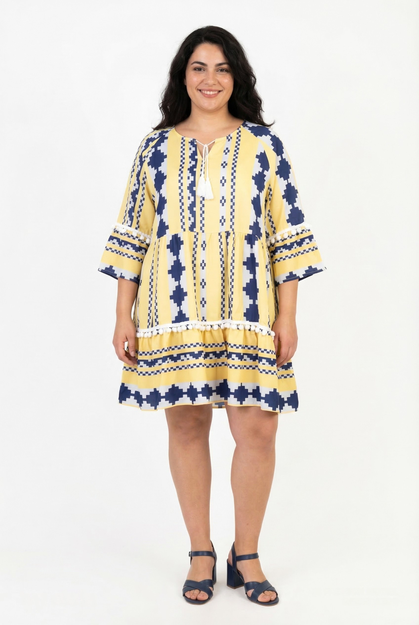 Grossiste Pomme Rouge Paris - Robe grande taille imprimée maya jaune (C6559)