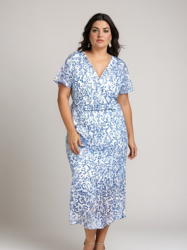 Grossiste Pomme Rouge Paris - Robe longue imprimé bleu (C6570)