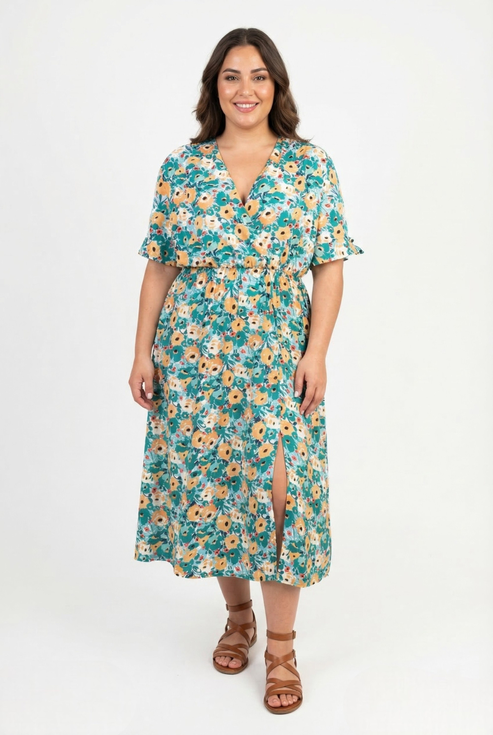 Grossiste Pomme Rouge Paris - Robe fendue grande taille imprimée vert (PC6555)