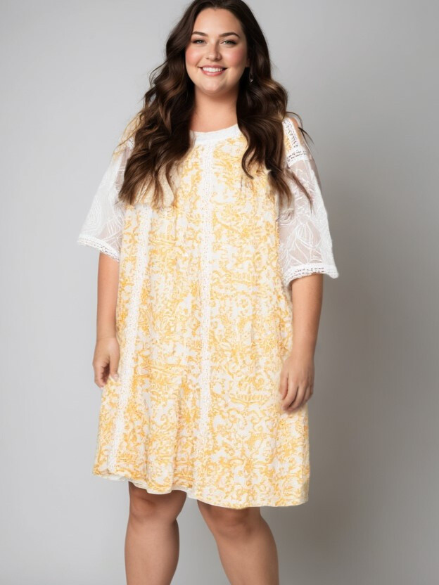 Grossiste Pomme Rouge Paris - Robe grande taille imprimé jaune (C6598)