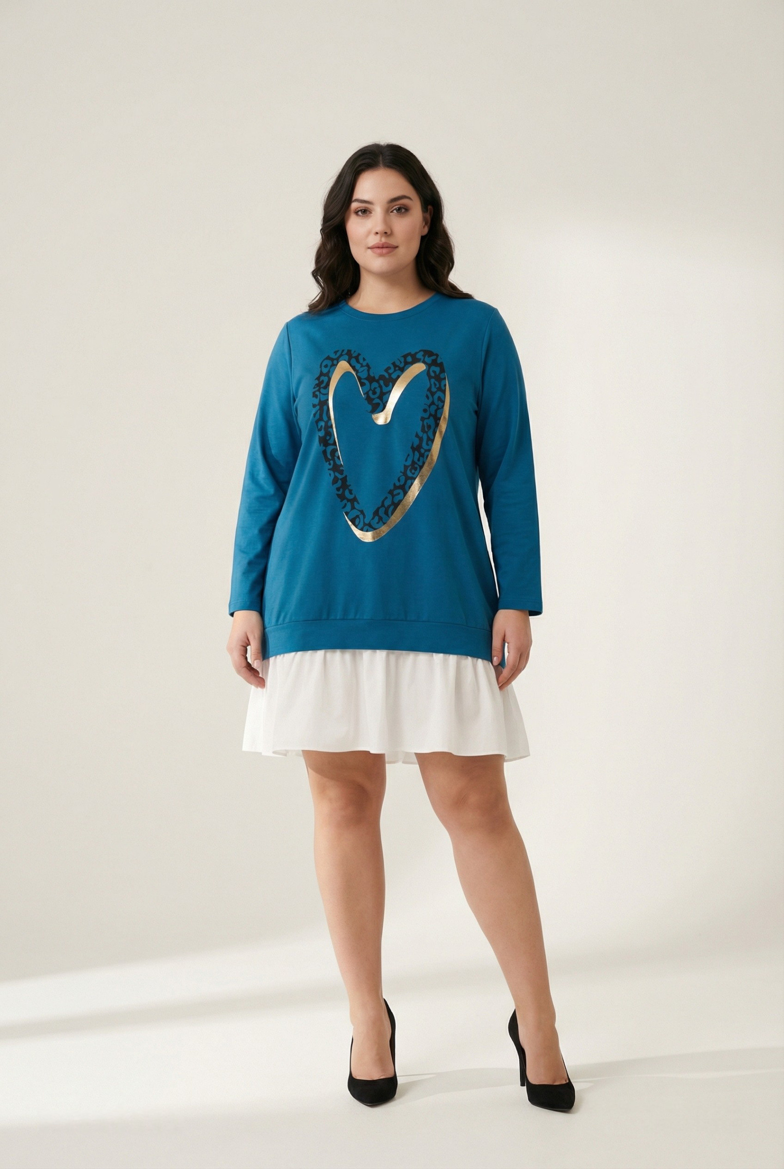 Grossiste Pomme Rouge Paris - Robe grande taille motif cœur bleu (T221214)