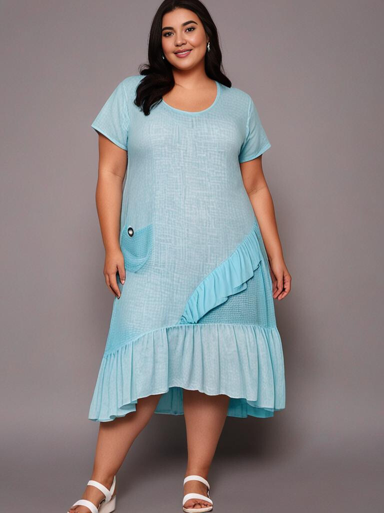Grossiste Pomme Rouge Paris - Robe grande taille base asymétrique turquoise (C8017)