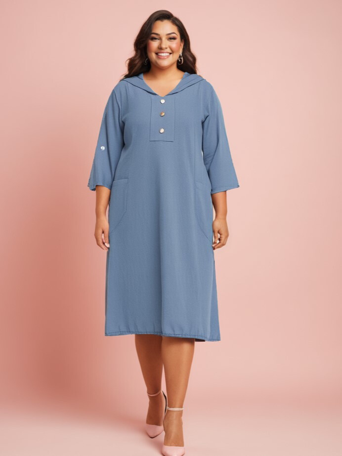 Großhändler Pomme Rouge Paris - Baumwoll/Leinen-Kleid in Übergröße mit Kapuze (C8020)