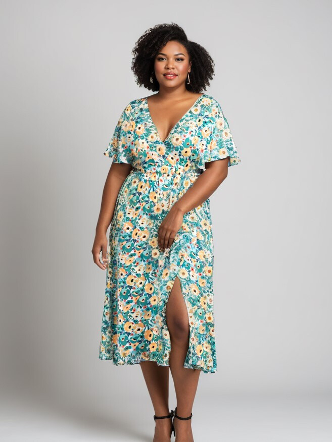 Grossiste Pomme Rouge Paris - Robe imprimée vert fendue (C6555)