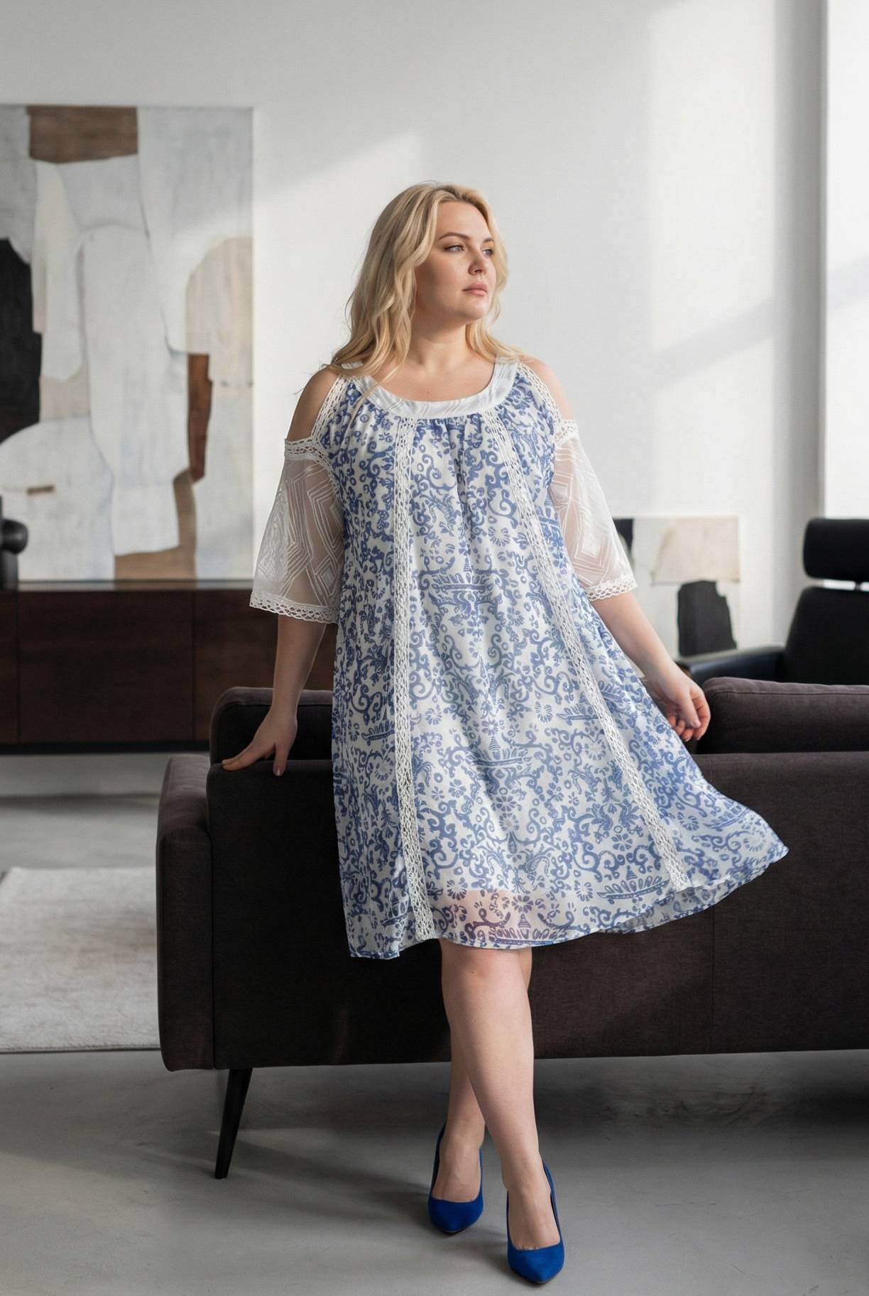 Grossiste Pomme Rouge Paris - Robe grande taille imprimé bleu (C6598)