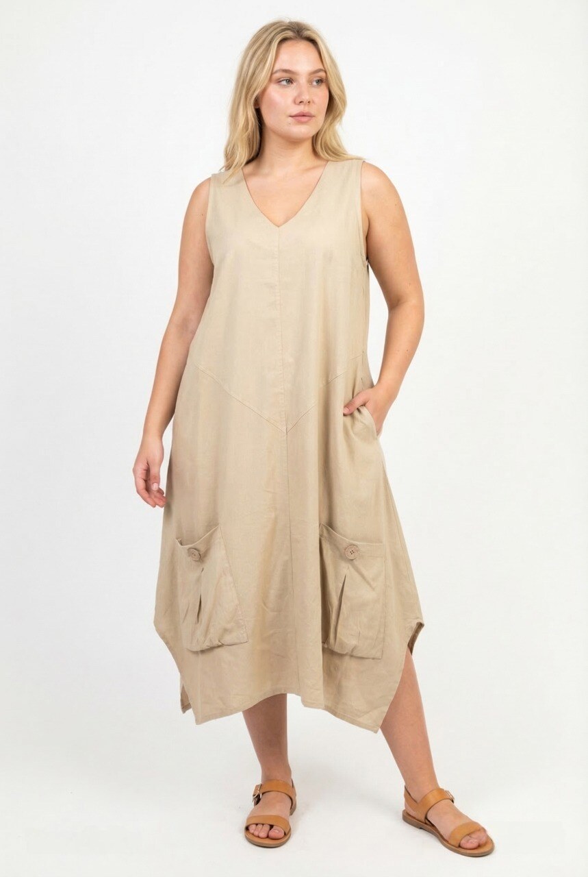 Grossiste Pomme Rouge Paris - Robe en lin coupe trapeze beige (C8019)