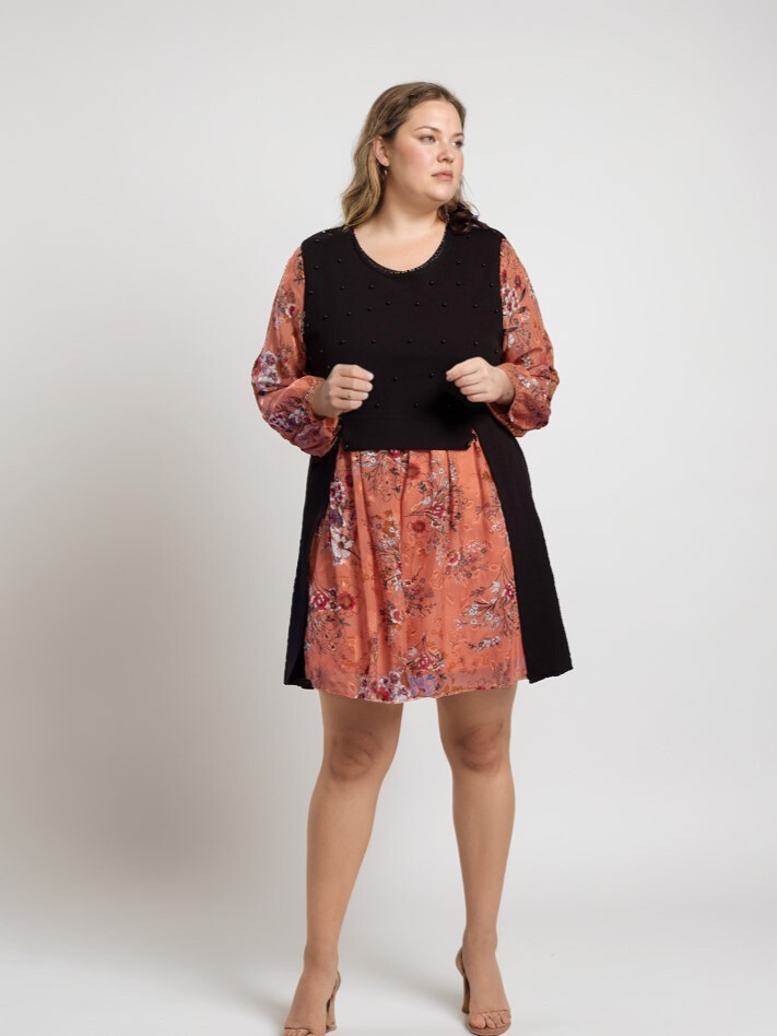 Grossiste Pomme Rouge Paris - Robe effet superposé avec perles (C6115)