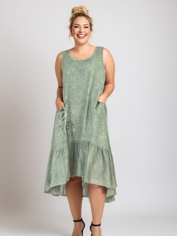 Großhändler Pomme Rouge Paris - Übergroßes Kleid mit khakifarbenen Blumenstickereien (C8015)