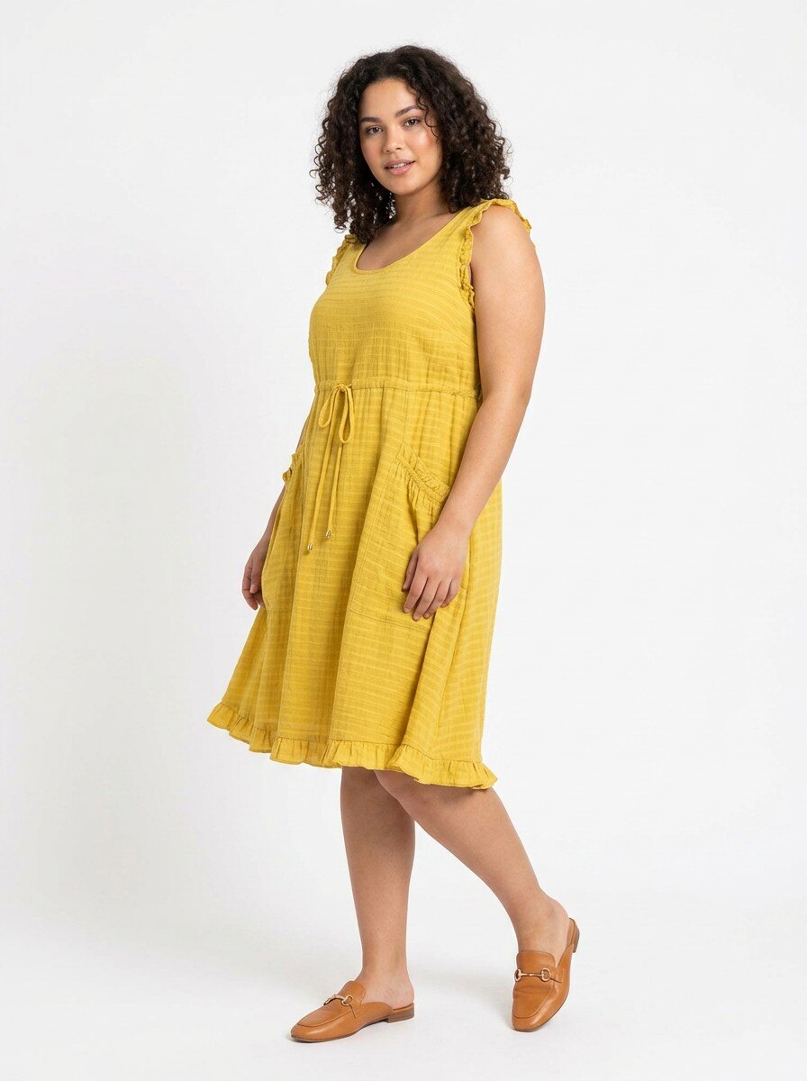 Grossiste Pomme Rouge Paris - Robe grande taille gaufrée jaune (C6556)