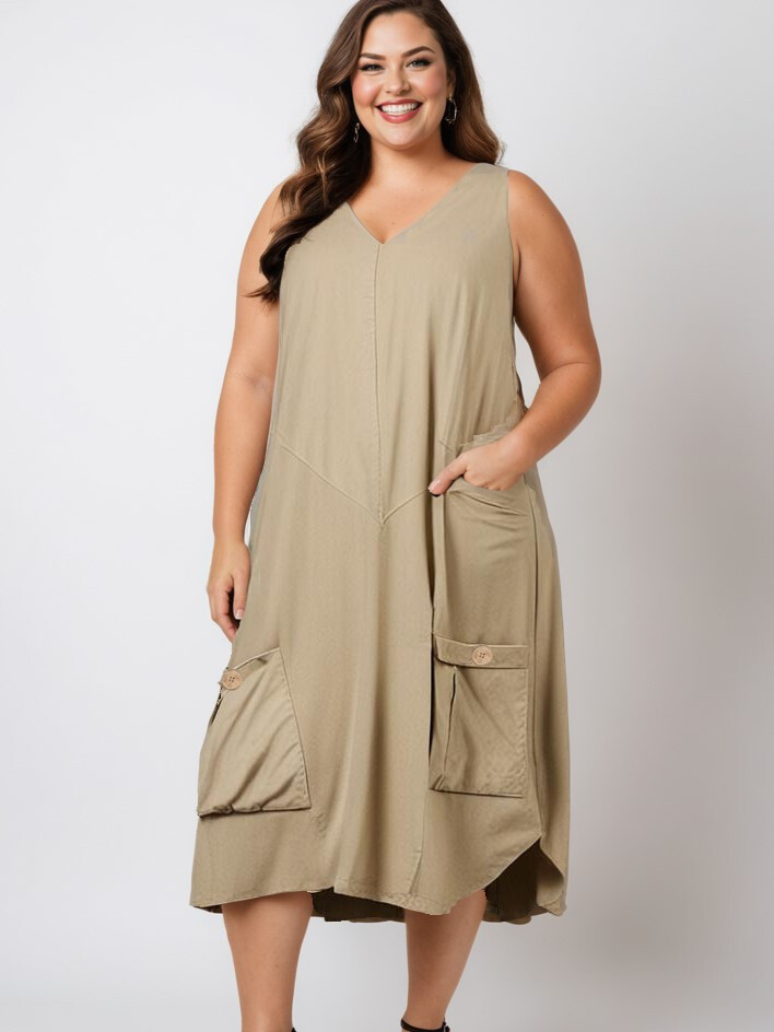 Großhändler Pomme Rouge Paris - Beiges Leinenkleid im Trapezschnitt (C8019)