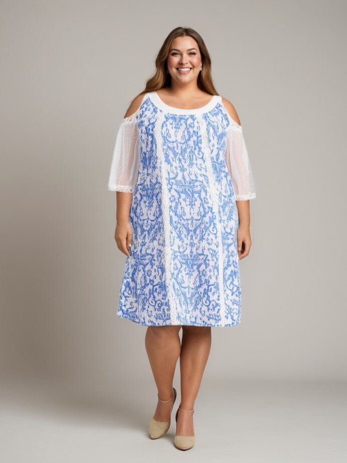 Großhändler Pomme Rouge Paris - Blau bedrucktes Übergrößenkleid (C6598)