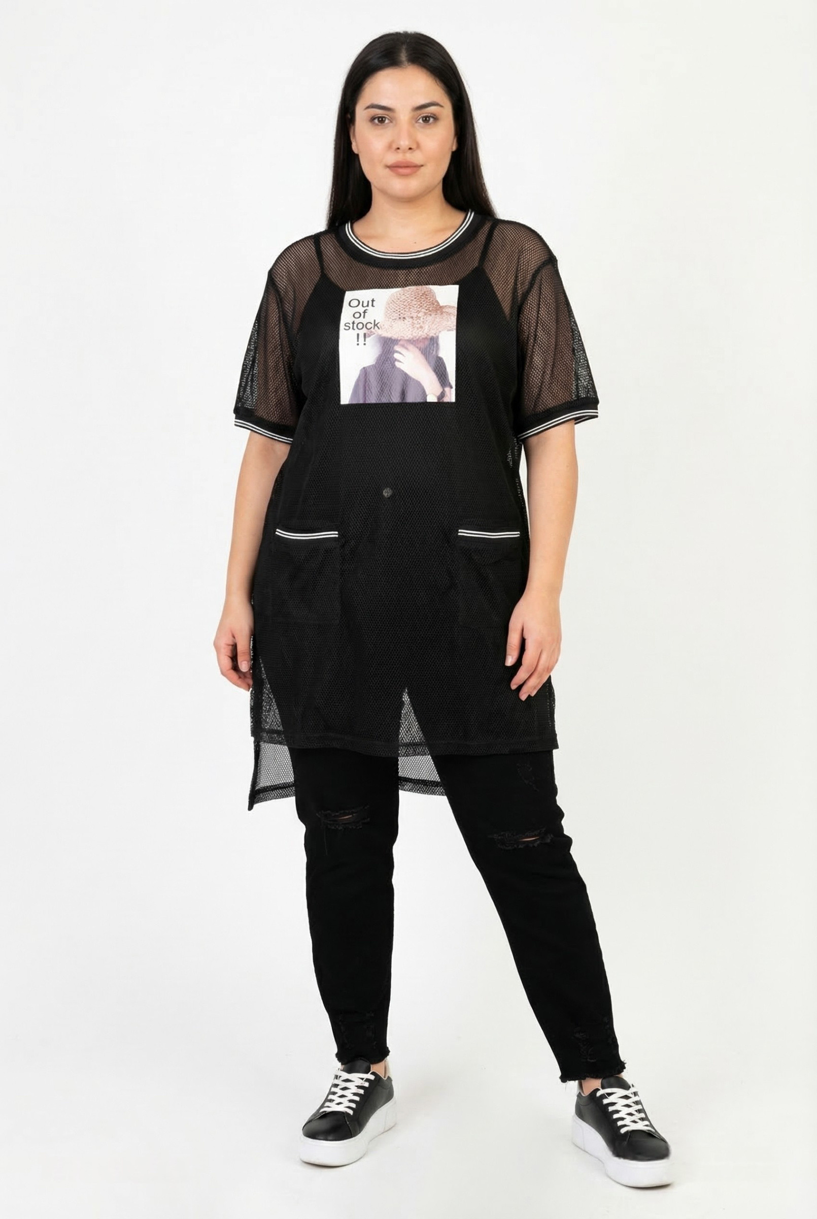 Grossiste Pomme Rouge Paris - Robe deux en un grande taille avec motif noir (C6562)