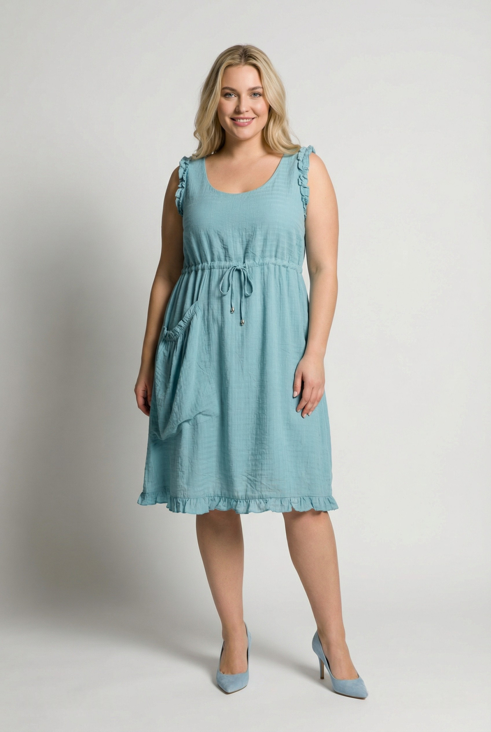 Grossiste Pomme Rouge Paris - Robe grande taille gaufrée turquoise (C6556)