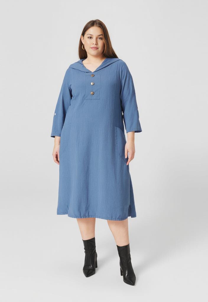 Grossiste Pomme Rouge Paris - Robe cotin/lin grande taille avec capuche (C8020)