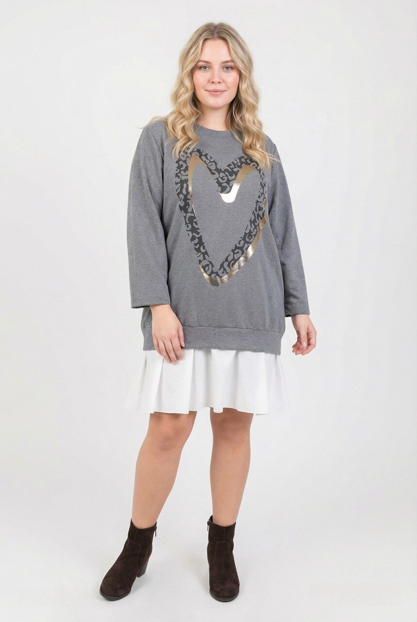 Grossiste Pomme Rouge Paris - Robe grande taille motif cœur gris (T221214)