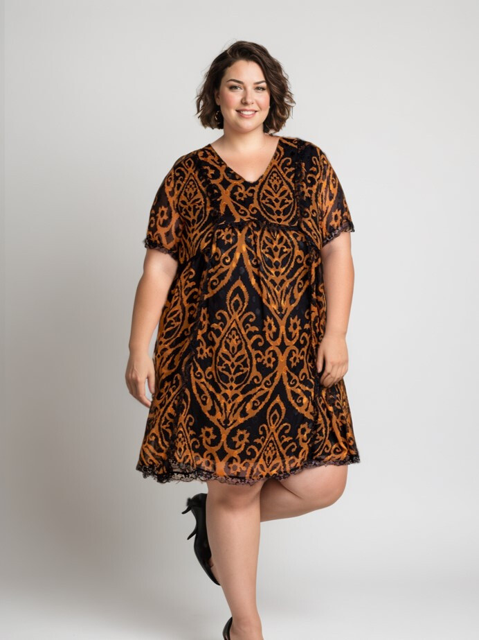 Grossiste Pomme Rouge Paris - Robe grande taille imprimé camel (C6225)