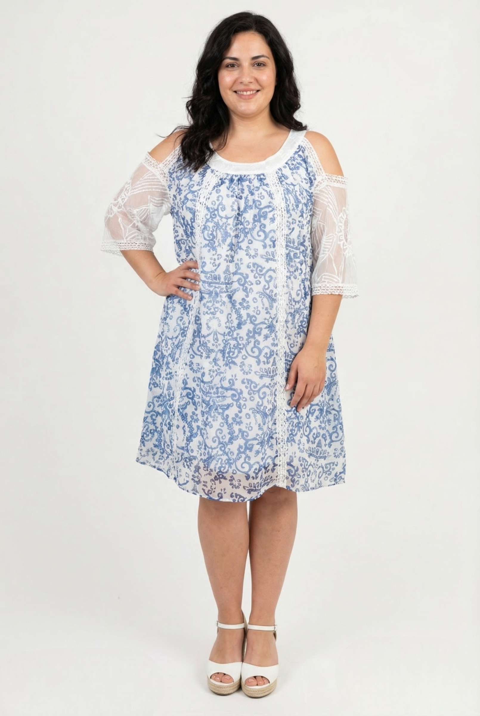 Grossiste Pomme Rouge Paris - Robe grande taille imprimé bleu (C6598)