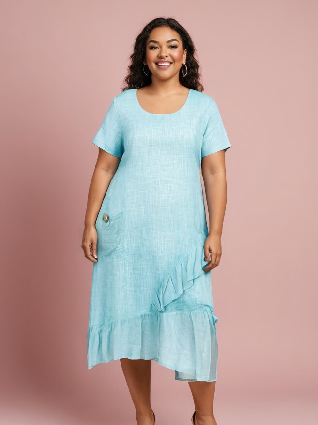 Grossiste Pomme Rouge Paris - Robe grande taille base asymétrique turquoise (C8017)