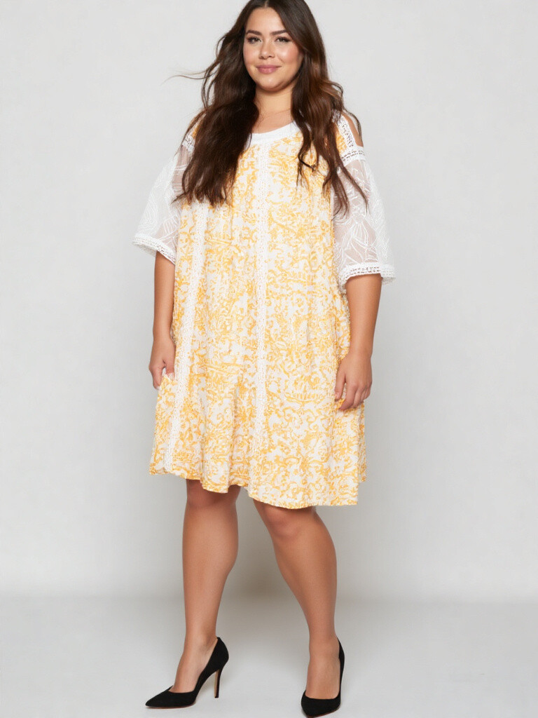 Grossiste Pomme Rouge Paris - Robe grande taille imprimé jaune (C6598)